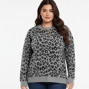 Chico's Gray Cheetah Leopard Print Gray Cotton Blend Sweater 3 XL
